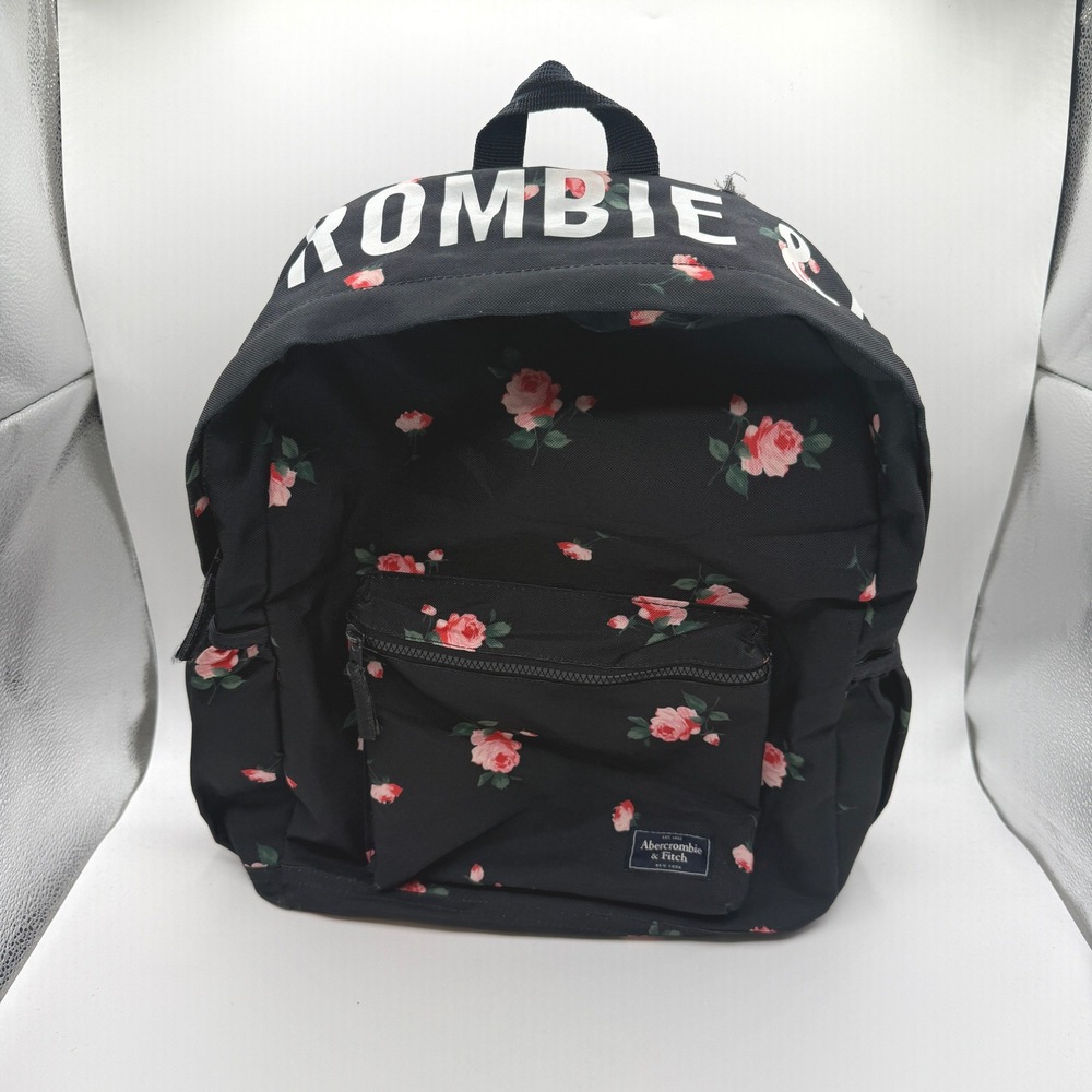Abercrombie & Fitch Backpack Women Black Pink Floral Rose Logo School Travel Bag